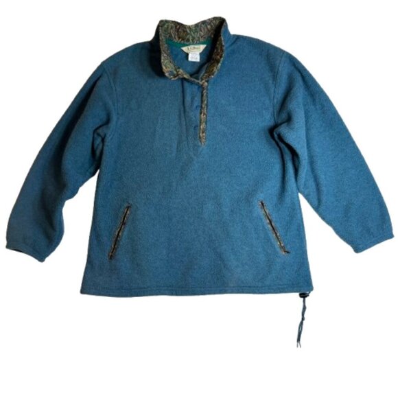 L.L. Bean Vintage 1/4 Snap Fleece Pullover Teal Blue Tapestry Trim Large #1412 - Picture 1 of 11